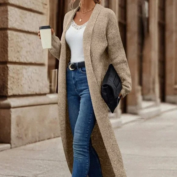 Khaki Preppy Womens Shawl Collar Drop Shoulder Duster Cardigan - Picture 4 of 5